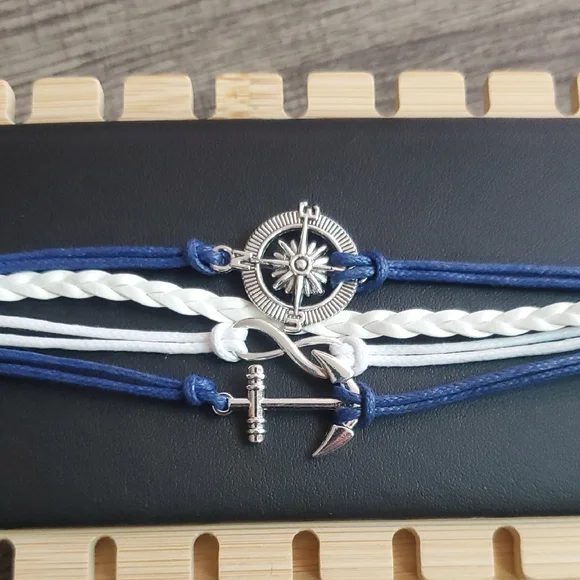 Blue and White Nautical Cord Bracelets with Silver Charms - Picture 3 of 9
